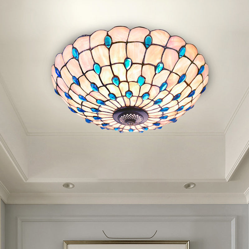 Shell Blue Flush Ceiling Light Jeweled Bowl 3/4 Bulbs 16"/21" Wide Tiffany Flushmount Lighting Clearhalo 'Ceiling Lights' 'Close To Ceiling Lights' 'Close to ceiling' 'Flush mount' Lighting' 916466