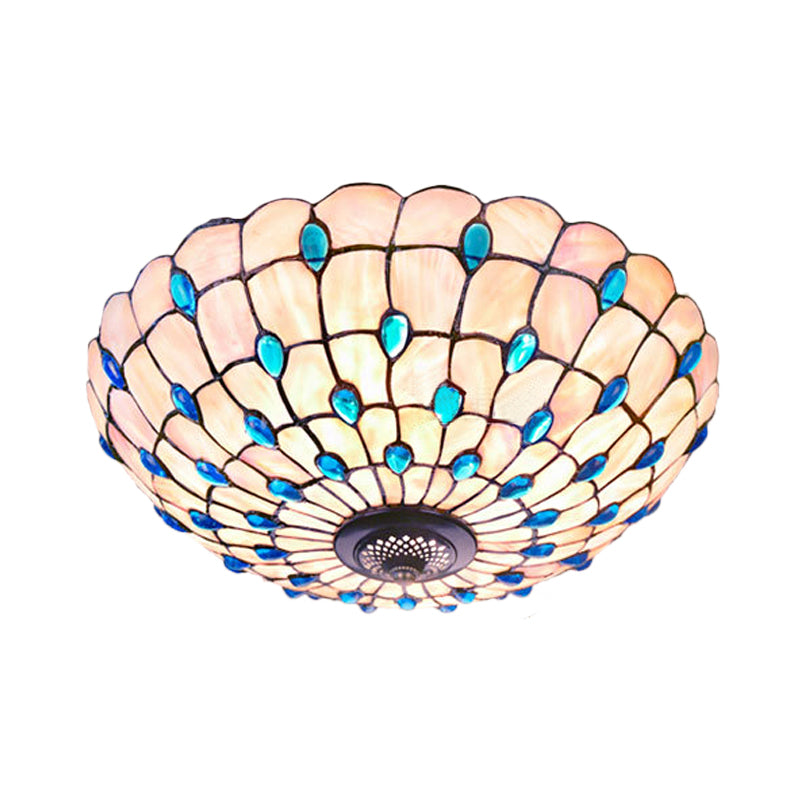 Shell Blue Flush Ceiling Light Jeweled Bowl 3/4 Bulbs 16"/21" Wide Tiffany Flushmount Lighting Clearhalo 'Ceiling Lights' 'Close To Ceiling Lights' 'Close to ceiling' 'Flush mount' Lighting' 916467