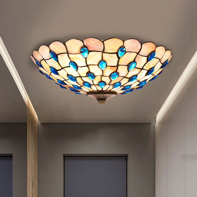 Shell Blue Flush Ceiling Light Jeweled Bowl 3/4 Bulbs 16"/21" Wide Tiffany Flushmount Lighting Clearhalo 'Ceiling Lights' 'Close To Ceiling Lights' 'Close to ceiling' 'Flush mount' Lighting' 916470