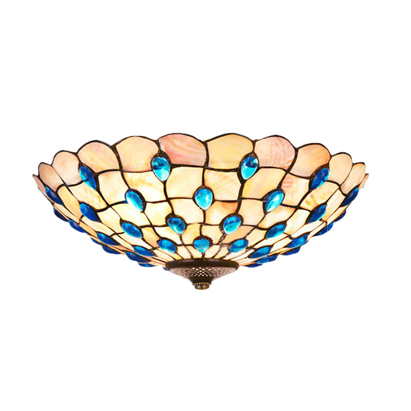 Shell Blue Flush Ceiling Light Jeweled Bowl 3/4 Bulbs 16"/21" Wide Tiffany Flushmount Lighting Clearhalo 'Ceiling Lights' 'Close To Ceiling Lights' 'Close to ceiling' 'Flush mount' Lighting' 916471