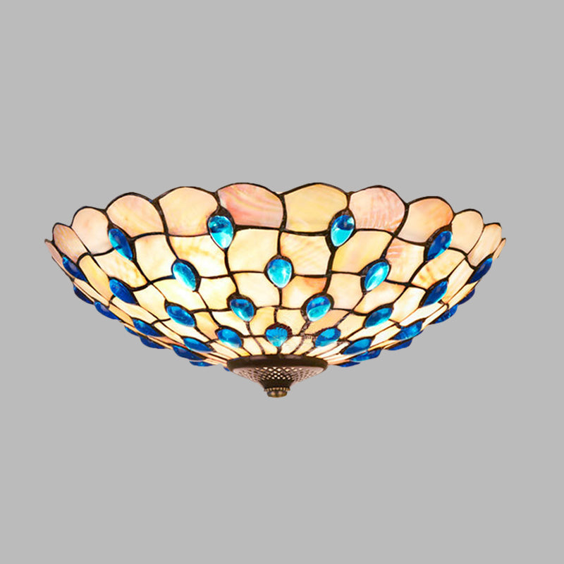 Shell Blue Flush Ceiling Light Jeweled Bowl 3/4 Bulbs 16"/21" Wide Tiffany Flushmount Lighting Clearhalo 'Ceiling Lights' 'Close To Ceiling Lights' 'Close to ceiling' 'Flush mount' Lighting' 916472