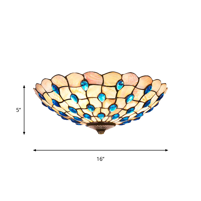 Shell Blue Flush Ceiling Light Jeweled Bowl 3/4 Bulbs 16"/21" Wide Tiffany Flushmount Lighting Clearhalo 'Ceiling Lights' 'Close To Ceiling Lights' 'Close to ceiling' 'Flush mount' Lighting' 916473