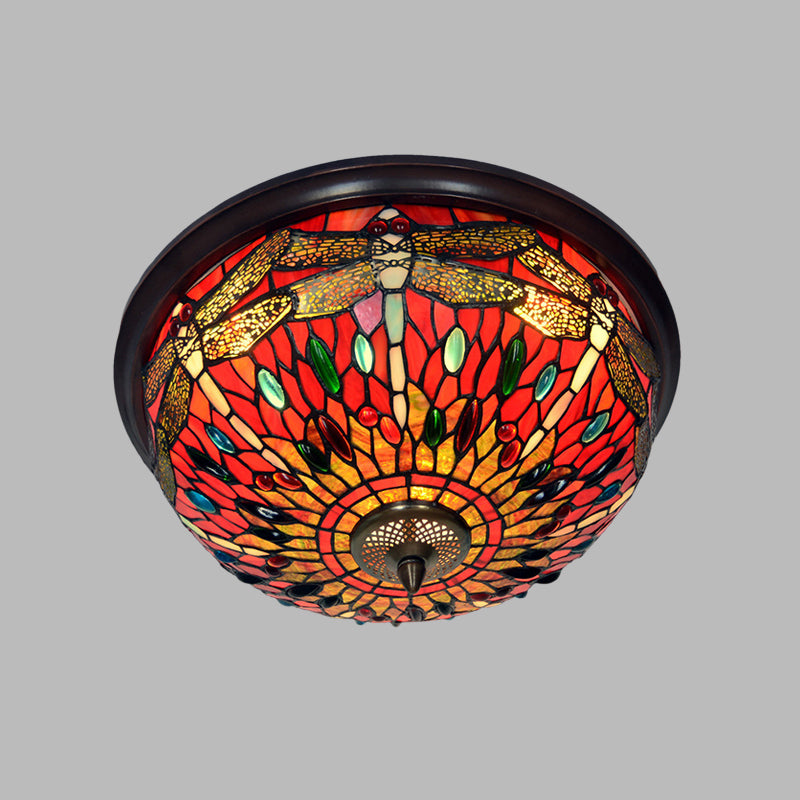 Blue/Red Dome Flush Mount Light Tiffany Stained Glass LED Close to Ceiling Lamp with Dragonfly Pattern Clearhalo 'Ceiling Lights' 'Close To Ceiling Lights' 'Close to ceiling' 'Flush mount' Lighting' 916514