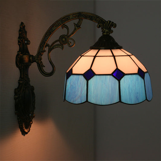 Grid Glass Scalloped Wall Light Tiffany Style 1 Head Orange/Blue/Pink Wall Mounted Lighting Fixture Clearhalo 'Art deco wall lights' 'Cast Iron' 'Glass' 'Industrial' 'Middle century wall lights' 'Modern' 'Tiffany wall lights' 'Tiffany' 'Traditional wall lights' 'Wall Lamps & Sconces' 'Wall Lights' Lighting' 916540