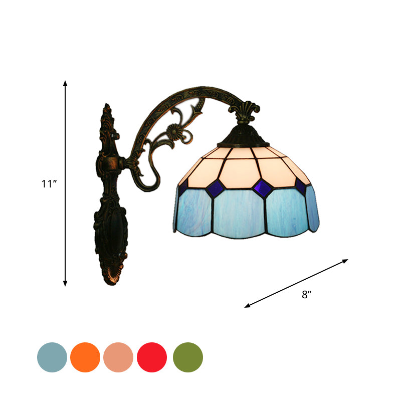 Grid Glass Scalloped Wall Light Tiffany Style 1 Head Orange/Blue/Pink Wall Mounted Lighting Fixture Clearhalo 'Art deco wall lights' 'Cast Iron' 'Glass' 'Industrial' 'Middle century wall lights' 'Modern' 'Tiffany wall lights' 'Tiffany' 'Traditional wall lights' 'Wall Lamps & Sconces' 'Wall Lights' Lighting' 916542