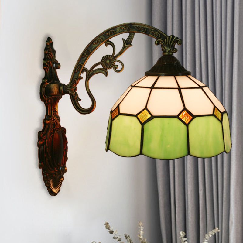 Grid Glass Scalloped Wall Light Tiffany Style 1 Head Orange/Blue/Pink Wall Mounted Lighting Fixture Green Clearhalo 'Art deco wall lights' 'Cast Iron' 'Glass' 'Industrial' 'Middle century wall lights' 'Modern' 'Tiffany wall lights' 'Tiffany' 'Traditional wall lights' 'Wall Lamps & Sconces' 'Wall Lights' Lighting' 916555