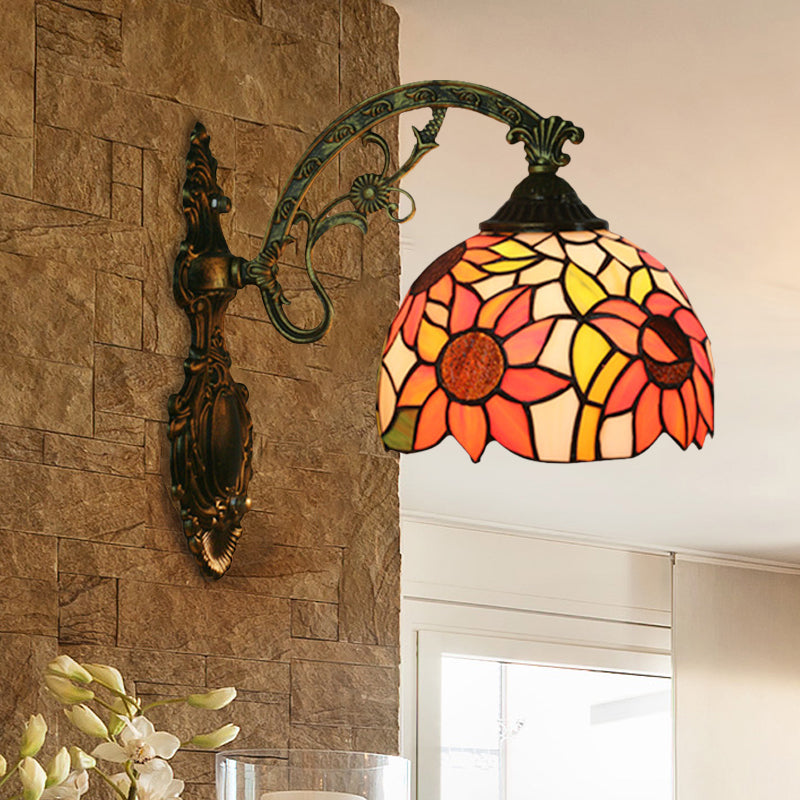Rose/Sunflower Wall Mount Light Fixture Tiffany Hand-Cut Glass 1 Light Red/Green Wall Lighting Ideas Clearhalo 'Art deco wall lights' 'Cast Iron' 'Glass' 'Industrial' 'Middle century wall lights' 'Modern' 'Tiffany wall lights' 'Tiffany' 'Traditional wall lights' 'Wall Lamps & Sconces' 'Wall Lights' Lighting' 916576