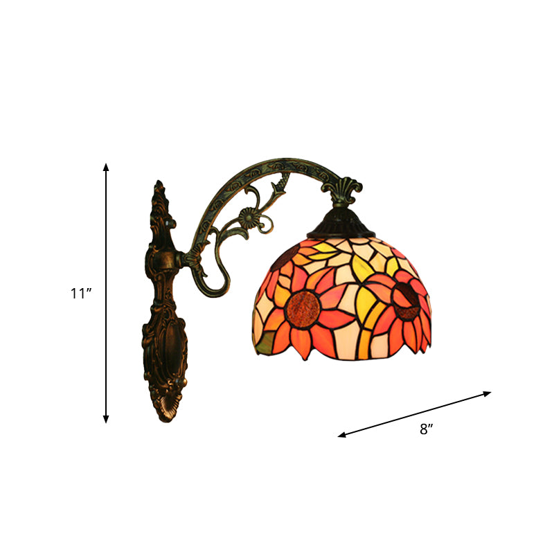 Rose/Sunflower Wall Mount Light Fixture Tiffany Hand-Cut Glass 1 Light Red/Green Wall Lighting Ideas Clearhalo 'Art deco wall lights' 'Cast Iron' 'Glass' 'Industrial' 'Middle century wall lights' 'Modern' 'Tiffany wall lights' 'Tiffany' 'Traditional wall lights' 'Wall Lamps & Sconces' 'Wall Lights' Lighting' 916578