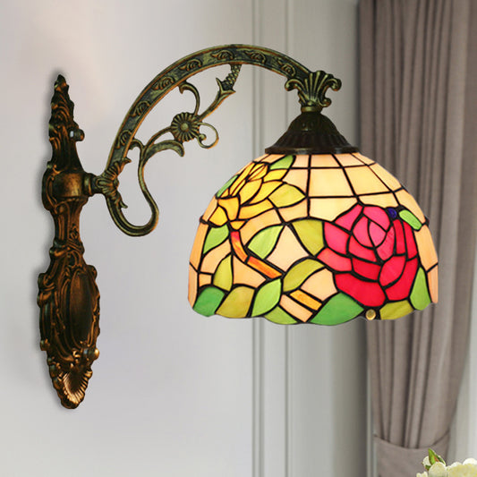 Rose/Sunflower Wall Mount Light Fixture Tiffany Hand-Cut Glass 1 Light Red/Green Wall Lighting Ideas Red Clearhalo 'Art deco wall lights' 'Cast Iron' 'Glass' 'Industrial' 'Middle century wall lights' 'Modern' 'Tiffany wall lights' 'Tiffany' 'Traditional wall lights' 'Wall Lamps & Sconces' 'Wall Lights' Lighting' 916579