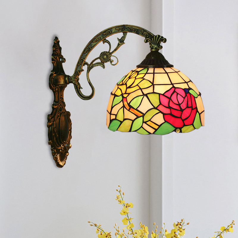 Rose/Sunflower Wall Mount Light Fixture Tiffany Hand-Cut Glass 1 Light Red/Green Wall Lighting Ideas Clearhalo 'Art deco wall lights' 'Cast Iron' 'Glass' 'Industrial' 'Middle century wall lights' 'Modern' 'Tiffany wall lights' 'Tiffany' 'Traditional wall lights' 'Wall Lamps & Sconces' 'Wall Lights' Lighting' 916580