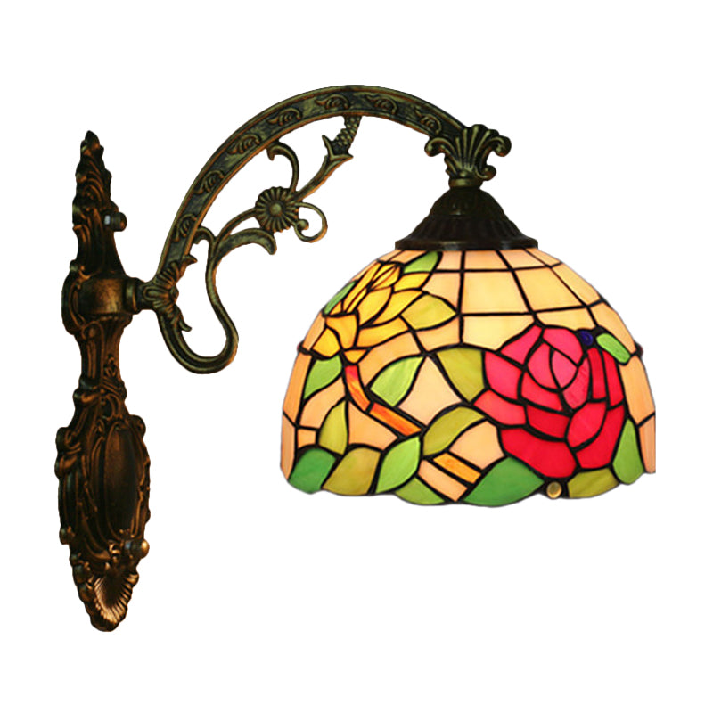 Rose/Sunflower Wall Mount Light Fixture Tiffany Hand-Cut Glass 1 Light Red/Green Wall Lighting Ideas Clearhalo 'Art deco wall lights' 'Cast Iron' 'Glass' 'Industrial' 'Middle century wall lights' 'Modern' 'Tiffany wall lights' 'Tiffany' 'Traditional wall lights' 'Wall Lamps & Sconces' 'Wall Lights' Lighting' 916581