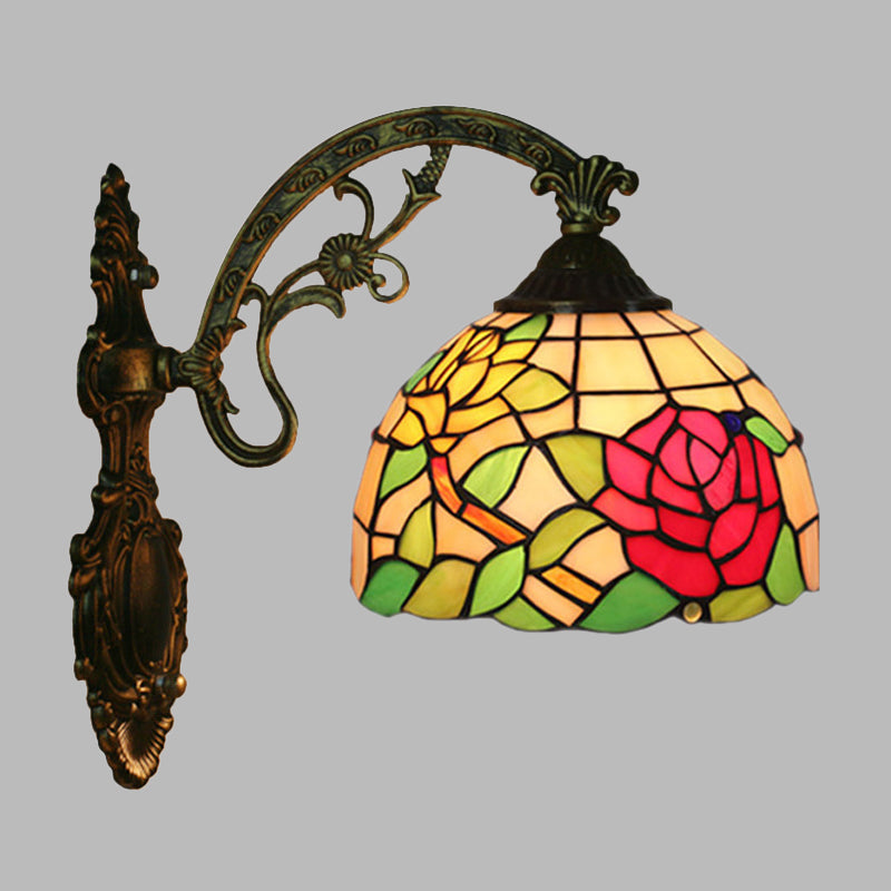 Rose/Sunflower Wall Mount Light Fixture Tiffany Hand-Cut Glass 1 Light Red/Green Wall Lighting Ideas Clearhalo 'Art deco wall lights' 'Cast Iron' 'Glass' 'Industrial' 'Middle century wall lights' 'Modern' 'Tiffany wall lights' 'Tiffany' 'Traditional wall lights' 'Wall Lamps & Sconces' 'Wall Lights' Lighting' 916582