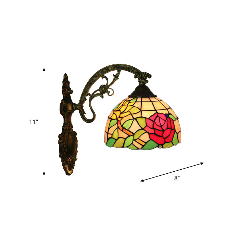 Rose/Sunflower Wall Mount Light Fixture Tiffany Hand-Cut Glass 1 Light Red/Green Wall Lighting Ideas Clearhalo 'Art deco wall lights' 'Cast Iron' 'Glass' 'Industrial' 'Middle century wall lights' 'Modern' 'Tiffany wall lights' 'Tiffany' 'Traditional wall lights' 'Wall Lamps & Sconces' 'Wall Lights' Lighting' 916583