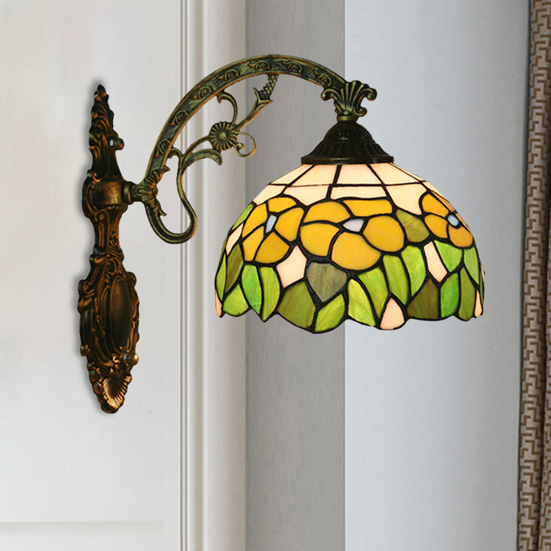 Rose/Sunflower Wall Mount Light Fixture Tiffany Hand-Cut Glass 1 Light Red/Green Wall Lighting Ideas Clearhalo 'Art deco wall lights' 'Cast Iron' 'Glass' 'Industrial' 'Middle century wall lights' 'Modern' 'Tiffany wall lights' 'Tiffany' 'Traditional wall lights' 'Wall Lamps & Sconces' 'Wall Lights' Lighting' 916585