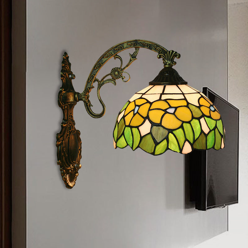 Rose/Sunflower Wall Mount Light Fixture Tiffany Hand-Cut Glass 1 Light Red/Green Wall Lighting Ideas Clearhalo 'Art deco wall lights' 'Cast Iron' 'Glass' 'Industrial' 'Middle century wall lights' 'Modern' 'Tiffany wall lights' 'Tiffany' 'Traditional wall lights' 'Wall Lamps & Sconces' 'Wall Lights' Lighting' 916586