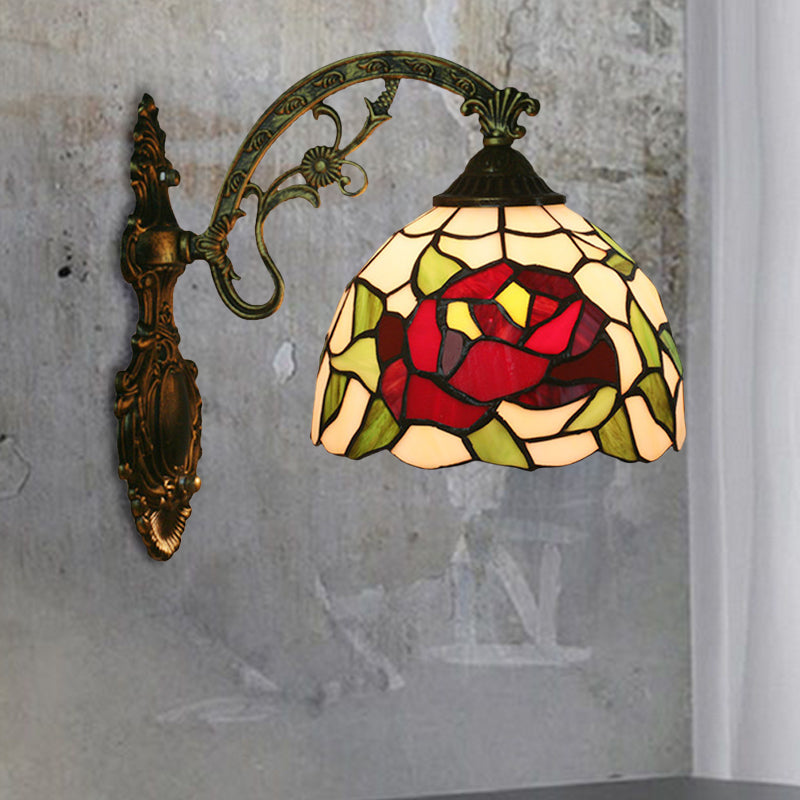 Rose/Sunflower Wall Mount Light Fixture Tiffany Hand-Cut Glass 1 Light Red/Green Wall Lighting Ideas Yellow Clearhalo 'Art deco wall lights' 'Cast Iron' 'Glass' 'Industrial' 'Middle century wall lights' 'Modern' 'Tiffany wall lights' 'Tiffany' 'Traditional wall lights' 'Wall Lamps & Sconces' 'Wall Lights' Lighting' 916589
