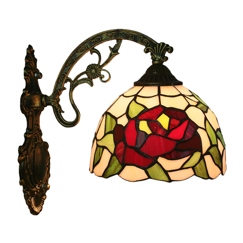 Rose/Sunflower Wall Mount Light Fixture Tiffany Hand-Cut Glass 1 Light Red/Green Wall Lighting Ideas Clearhalo 'Art deco wall lights' 'Cast Iron' 'Glass' 'Industrial' 'Middle century wall lights' 'Modern' 'Tiffany wall lights' 'Tiffany' 'Traditional wall lights' 'Wall Lamps & Sconces' 'Wall Lights' Lighting' 916591