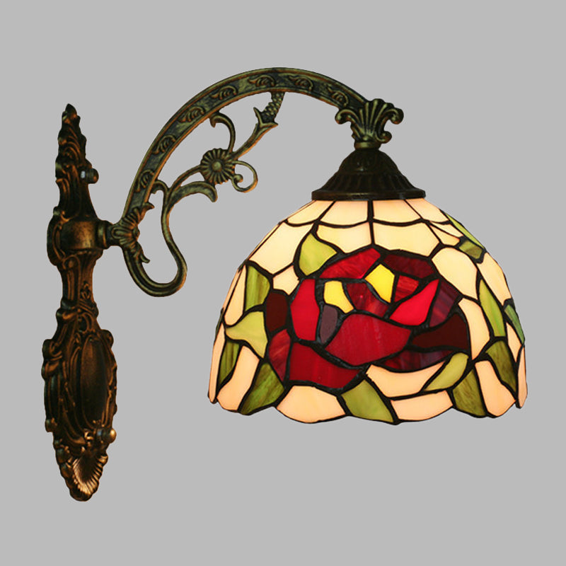 Rose/Sunflower Wall Mount Light Fixture Tiffany Hand-Cut Glass 1 Light Red/Green Wall Lighting Ideas Clearhalo 'Art deco wall lights' 'Cast Iron' 'Glass' 'Industrial' 'Middle century wall lights' 'Modern' 'Tiffany wall lights' 'Tiffany' 'Traditional wall lights' 'Wall Lamps & Sconces' 'Wall Lights' Lighting' 916592