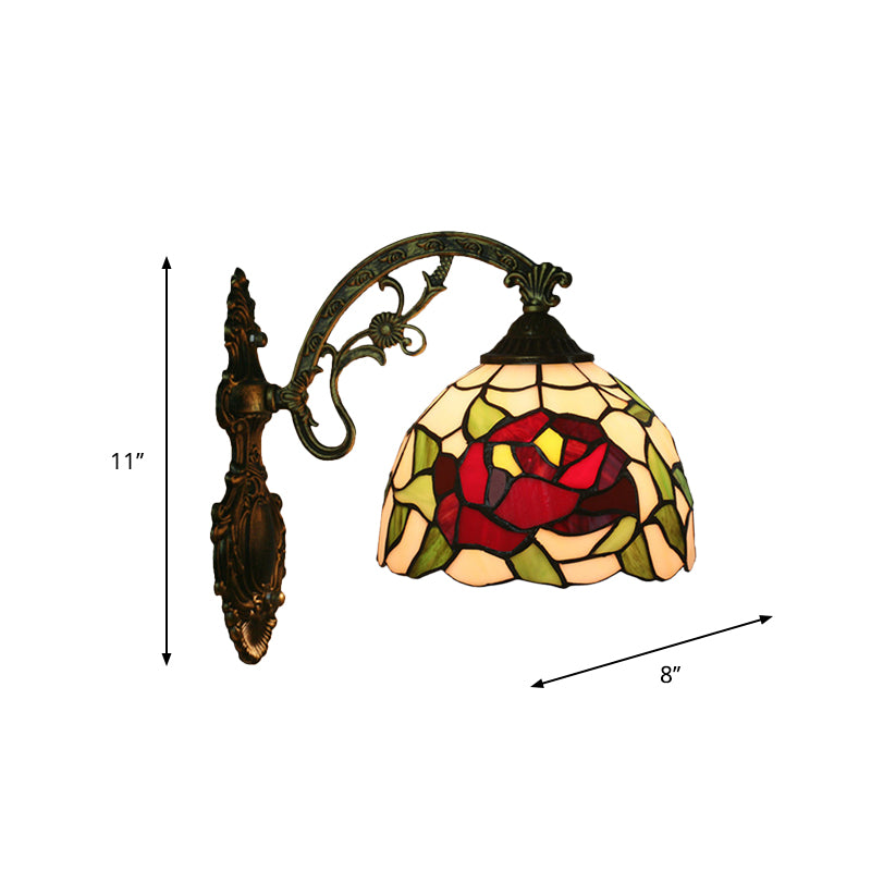 Rose/Sunflower Wall Mount Light Fixture Tiffany Hand-Cut Glass 1 Light Red/Green Wall Lighting Ideas Clearhalo 'Art deco wall lights' 'Cast Iron' 'Glass' 'Industrial' 'Middle century wall lights' 'Modern' 'Tiffany wall lights' 'Tiffany' 'Traditional wall lights' 'Wall Lamps & Sconces' 'Wall Lights' Lighting' 916593