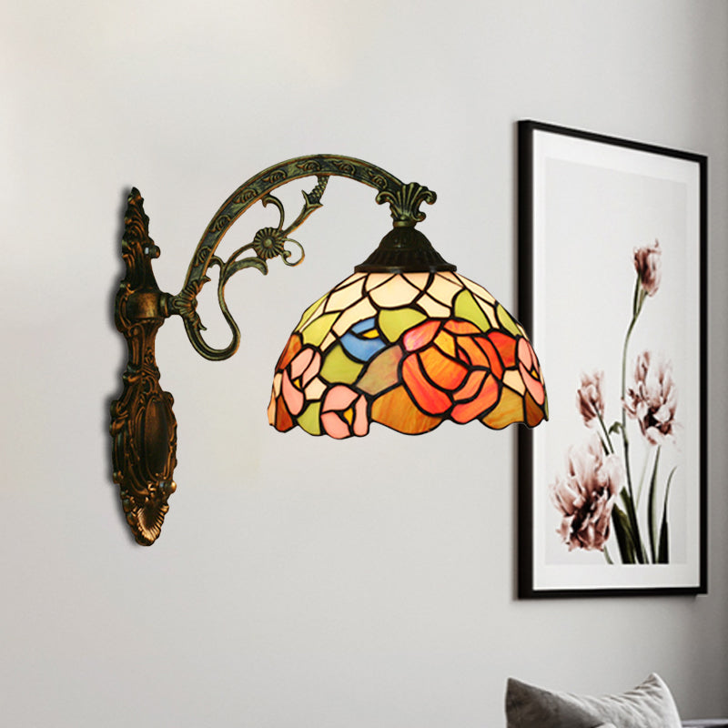 Red/Pink Flower Bowl Sconce Light Tiffany 1 Head Stained Glass Wall Mounted Lighting Fixture Clearhalo 'Art deco wall lights' 'Cast Iron' 'Glass' 'Industrial' 'Middle century wall lights' 'Modern' 'Tiffany wall lights' 'Tiffany' 'Traditional wall lights' 'Wall Lamps & Sconces' 'Wall Lights' Lighting' 916595