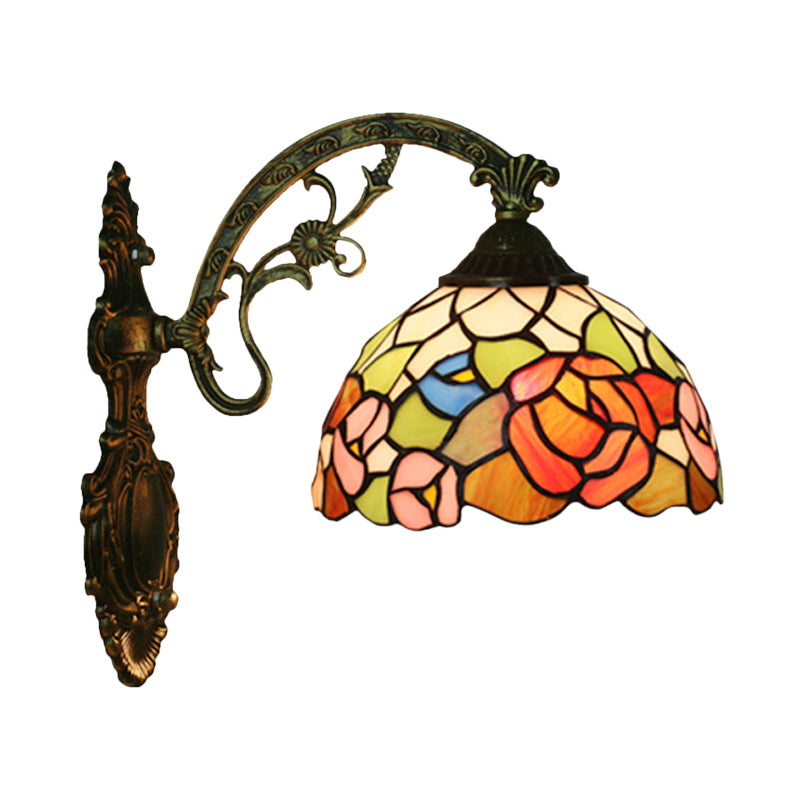 Red/Pink Flower Bowl Sconce Light Tiffany 1 Head Stained Glass Wall Mounted Lighting Fixture Clearhalo 'Art deco wall lights' 'Cast Iron' 'Glass' 'Industrial' 'Middle century wall lights' 'Modern' 'Tiffany wall lights' 'Tiffany' 'Traditional wall lights' 'Wall Lamps & Sconces' 'Wall Lights' Lighting' 916596