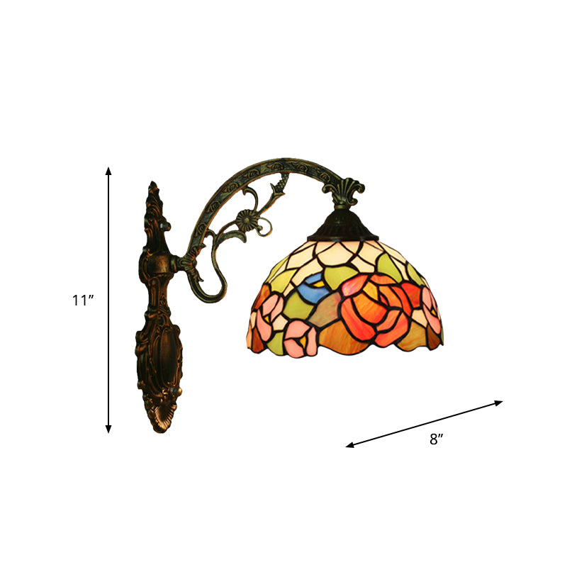 Red/Pink Flower Bowl Sconce Light Tiffany 1 Head Stained Glass Wall Mounted Lighting Fixture Clearhalo 'Art deco wall lights' 'Cast Iron' 'Glass' 'Industrial' 'Middle century wall lights' 'Modern' 'Tiffany wall lights' 'Tiffany' 'Traditional wall lights' 'Wall Lamps & Sconces' 'Wall Lights' Lighting' 916597