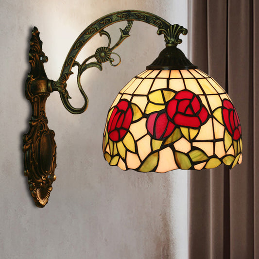 Red/Pink Flower Bowl Sconce Light Tiffany 1 Head Stained Glass Wall Mounted Lighting Fixture Red Clearhalo 'Art deco wall lights' 'Cast Iron' 'Glass' 'Industrial' 'Middle century wall lights' 'Modern' 'Tiffany wall lights' 'Tiffany' 'Traditional wall lights' 'Wall Lamps & Sconces' 'Wall Lights' Lighting' 916598