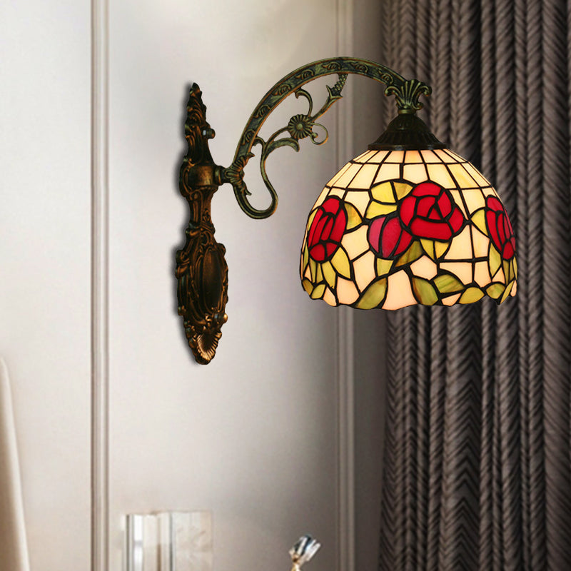 Red/Pink Flower Bowl Sconce Light Tiffany 1 Head Stained Glass Wall Mounted Lighting Fixture Clearhalo 'Art deco wall lights' 'Cast Iron' 'Glass' 'Industrial' 'Middle century wall lights' 'Modern' 'Tiffany wall lights' 'Tiffany' 'Traditional wall lights' 'Wall Lamps & Sconces' 'Wall Lights' Lighting' 916599