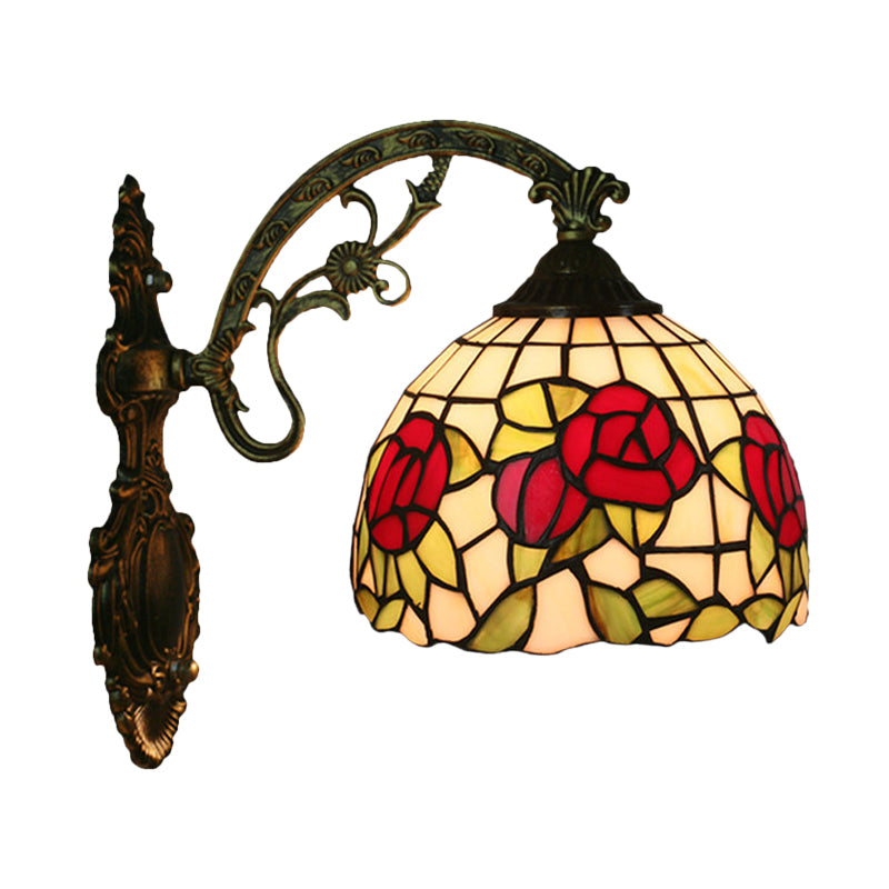 Red/Pink Flower Bowl Sconce Light Tiffany 1 Head Stained Glass Wall Mounted Lighting Fixture Clearhalo 'Art deco wall lights' 'Cast Iron' 'Glass' 'Industrial' 'Middle century wall lights' 'Modern' 'Tiffany wall lights' 'Tiffany' 'Traditional wall lights' 'Wall Lamps & Sconces' 'Wall Lights' Lighting' 916600