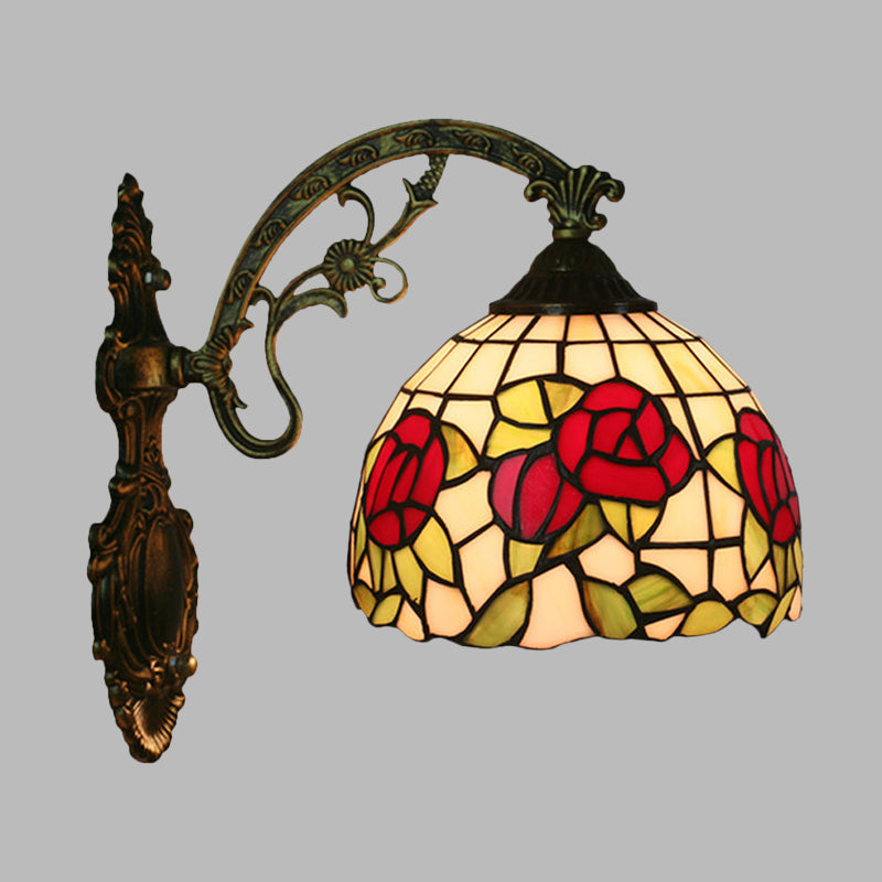 Red/Pink Flower Bowl Sconce Light Tiffany 1 Head Stained Glass Wall Mounted Lighting Fixture Clearhalo 'Art deco wall lights' 'Cast Iron' 'Glass' 'Industrial' 'Middle century wall lights' 'Modern' 'Tiffany wall lights' 'Tiffany' 'Traditional wall lights' 'Wall Lamps & Sconces' 'Wall Lights' Lighting' 916601