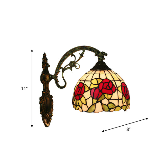 Red/Pink Flower Bowl Sconce Light Tiffany 1 Head Stained Glass Wall Mounted Lighting Fixture Clearhalo 'Art deco wall lights' 'Cast Iron' 'Glass' 'Industrial' 'Middle century wall lights' 'Modern' 'Tiffany wall lights' 'Tiffany' 'Traditional wall lights' 'Wall Lamps & Sconces' 'Wall Lights' Lighting' 916602