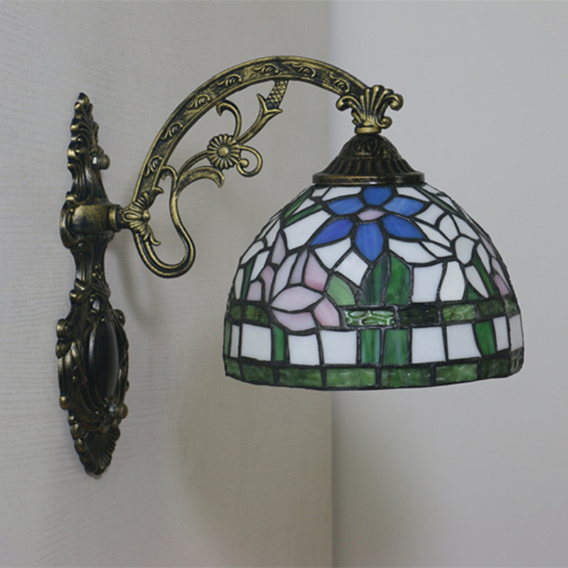 Red/Pink Flower Bowl Sconce Light Tiffany 1 Head Stained Glass Wall Mounted Lighting Fixture Clearhalo 'Art deco wall lights' 'Cast Iron' 'Glass' 'Industrial' 'Middle century wall lights' 'Modern' 'Tiffany wall lights' 'Tiffany' 'Traditional wall lights' 'Wall Lamps & Sconces' 'Wall Lights' Lighting' 916604