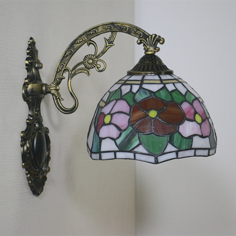 Red/Pink Flower Bowl Sconce Light Tiffany 1 Head Stained Glass Wall Mounted Lighting Fixture Clearhalo 'Art deco wall lights' 'Cast Iron' 'Glass' 'Industrial' 'Middle century wall lights' 'Modern' 'Tiffany wall lights' 'Tiffany' 'Traditional wall lights' 'Wall Lamps & Sconces' 'Wall Lights' Lighting' 916610