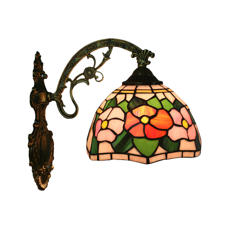 Red/Pink Flower Bowl Sconce Light Tiffany 1 Head Stained Glass Wall Mounted Lighting Fixture Clearhalo 'Art deco wall lights' 'Cast Iron' 'Glass' 'Industrial' 'Middle century wall lights' 'Modern' 'Tiffany wall lights' 'Tiffany' 'Traditional wall lights' 'Wall Lamps & Sconces' 'Wall Lights' Lighting' 916611