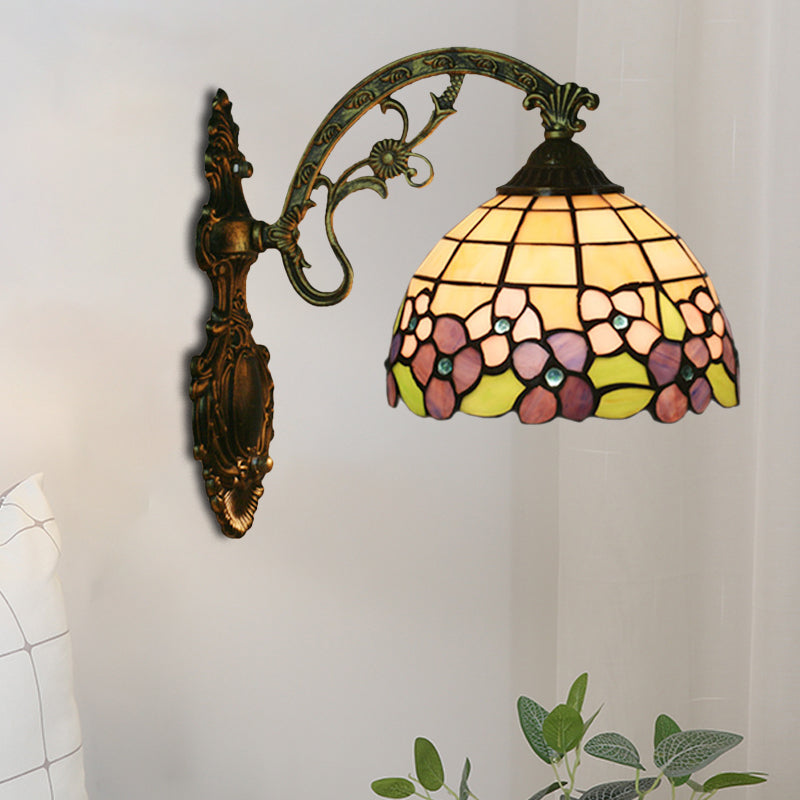Red/Pink Flower Bowl Sconce Light Tiffany 1 Head Stained Glass Wall Mounted Lighting Fixture Purple Clearhalo 'Art deco wall lights' 'Cast Iron' 'Glass' 'Industrial' 'Middle century wall lights' 'Modern' 'Tiffany wall lights' 'Tiffany' 'Traditional wall lights' 'Wall Lamps & Sconces' 'Wall Lights' Lighting' 916613