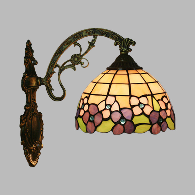 Red/Pink Flower Bowl Sconce Light Tiffany 1 Head Stained Glass Wall Mounted Lighting Fixture Clearhalo 'Art deco wall lights' 'Cast Iron' 'Glass' 'Industrial' 'Middle century wall lights' 'Modern' 'Tiffany wall lights' 'Tiffany' 'Traditional wall lights' 'Wall Lamps & Sconces' 'Wall Lights' Lighting' 916616