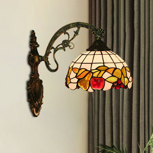 Bowl Shade Wall Mounted Lamp Tiffany Hand Cut Glass 1 Bulb Bronze Sconce Light Fixture with Fruit Pattern Clearhalo 'Art deco wall lights' 'Cast Iron' 'Glass' 'Industrial' 'Middle century wall lights' 'Modern' 'Tiffany wall lights' 'Tiffany' 'Traditional wall lights' 'Wall Lamps & Sconces' 'Wall Lights' Lighting' 916623