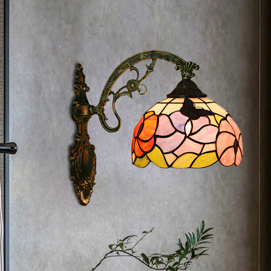 Single Butterfly and Peony Wall Sconce Tiffany Bronze Stained Glass Wall Mount Lamp Bronze Clearhalo 'Art deco wall lights' 'Cast Iron' 'Glass' 'Industrial' 'Middle century wall lights' 'Modern' 'Tiffany wall lights' 'Tiffany' 'Traditional wall lights' 'Wall Lamps & Sconces' 'Wall Lights' Lighting' 916639
