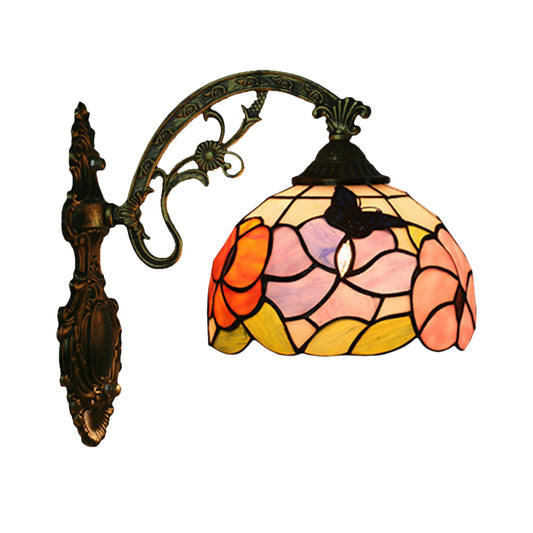 Single Butterfly and Peony Wall Sconce Tiffany Bronze Stained Glass Wall Mount Lamp Clearhalo 'Art deco wall lights' 'Cast Iron' 'Glass' 'Industrial' 'Middle century wall lights' 'Modern' 'Tiffany wall lights' 'Tiffany' 'Traditional wall lights' 'Wall Lamps & Sconces' 'Wall Lights' Lighting' 916640