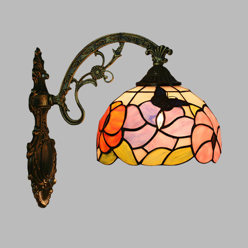 Single Butterfly and Peony Wall Sconce Tiffany Bronze Stained Glass Wall Mount Lamp Clearhalo 'Art deco wall lights' 'Cast Iron' 'Glass' 'Industrial' 'Middle century wall lights' 'Modern' 'Tiffany wall lights' 'Tiffany' 'Traditional wall lights' 'Wall Lamps & Sconces' 'Wall Lights' Lighting' 916641