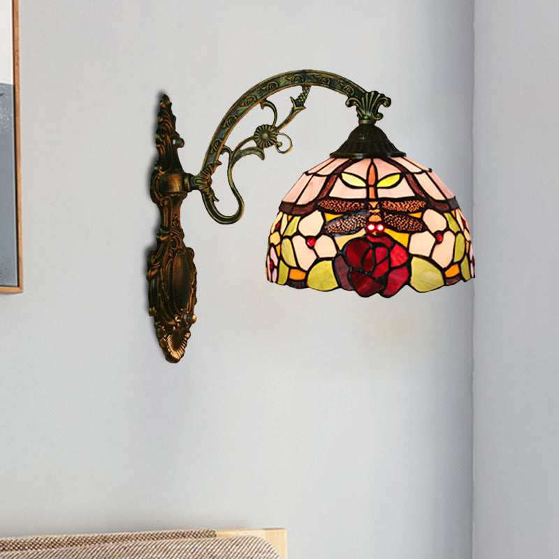Dragonfly-Rose Cut Glass Wall Light Kit Tiffany Single Bronze Wall Sconce Lighting Clearhalo 'Art deco wall lights' 'Cast Iron' 'Glass' 'Industrial' 'Middle century wall lights' 'Modern' 'Tiffany wall lights' 'Tiffany' 'Traditional wall lights' 'Wall Lamps & Sconces' 'Wall Lights' Lighting' 916648