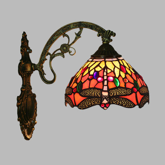 1-Head Bedroom Wall Mounted Lamp Tiffany Bronze Sconce Light with Cone Dragonfly Patterned Glass Shade Clearhalo 'Art deco wall lights' 'Cast Iron' 'Glass' 'Industrial' 'Middle century wall lights' 'Modern' 'Tiffany wall lights' 'Tiffany' 'Traditional wall lights' 'Wall Lamps & Sconces' 'Wall Lights' Lighting' 916653