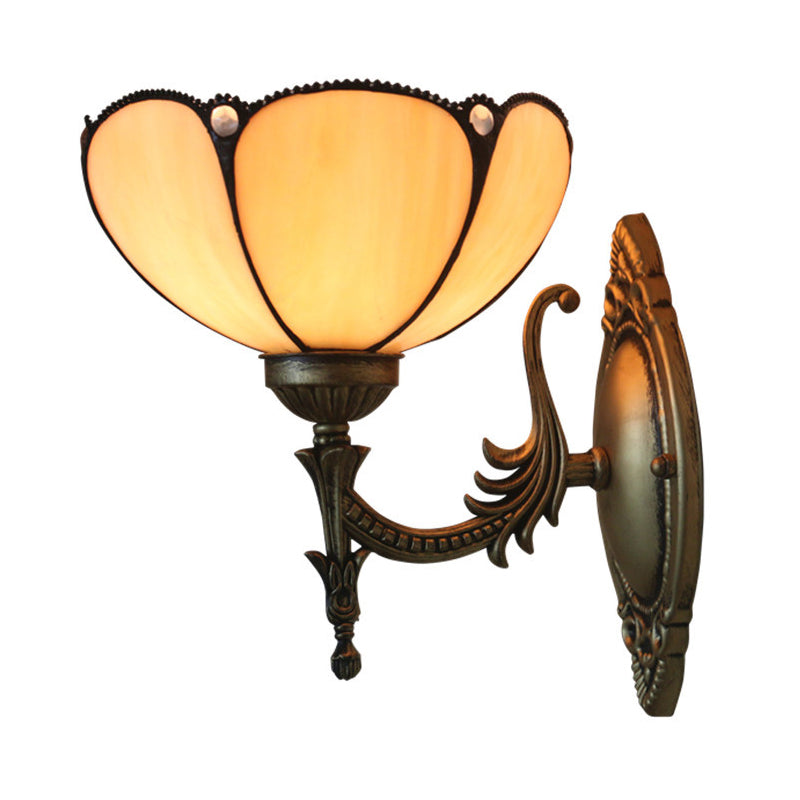Flower/Bowl Wall Mount Light Fixture Tiffany Beige/Yellow Glass 1-Bulb Bronze Finish Wall Sconce Light Clearhalo 'Art deco wall lights' 'Cast Iron' 'Glass' 'Industrial' 'Middle century wall lights' 'Modern' 'Tiffany wall lights' 'Tiffany' 'Traditional wall lights' 'Wall Lamps & Sconces' 'Wall Lights' Lighting' 916657
