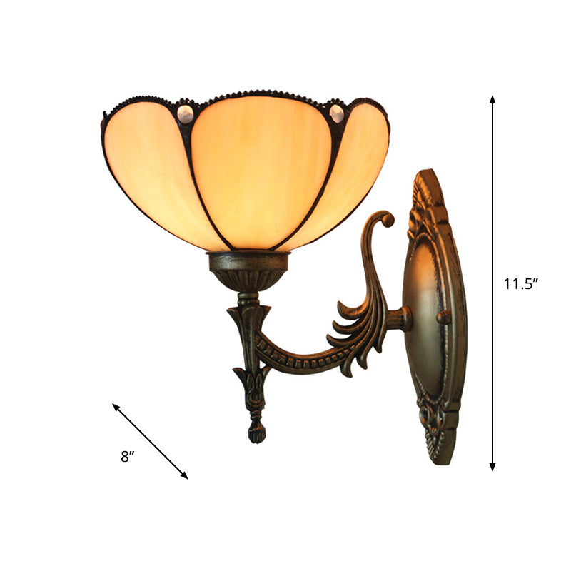 Flower/Bowl Wall Mount Light Fixture Tiffany Beige/Yellow Glass 1-Bulb Bronze Finish Wall Sconce Light Clearhalo 'Art deco wall lights' 'Cast Iron' 'Glass' 'Industrial' 'Middle century wall lights' 'Modern' 'Tiffany wall lights' 'Tiffany' 'Traditional wall lights' 'Wall Lamps & Sconces' 'Wall Lights' Lighting' 916658