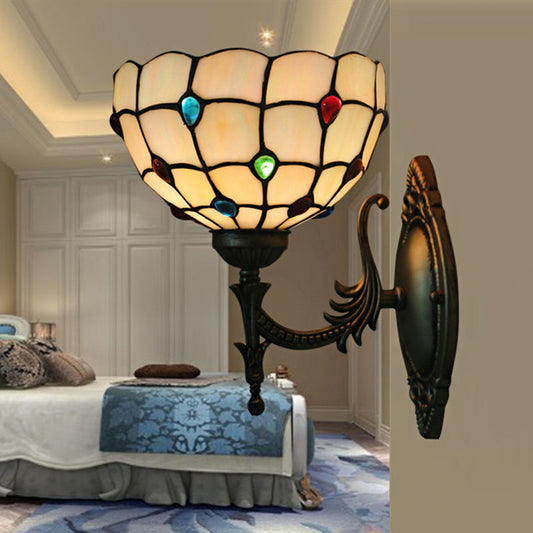 Flower/Bowl Wall Mount Light Fixture Tiffany Beige/Yellow Glass 1-Bulb Bronze Finish Wall Sconce Light Beige Clearhalo 'Art deco wall lights' 'Cast Iron' 'Glass' 'Industrial' 'Middle century wall lights' 'Modern' 'Tiffany wall lights' 'Tiffany' 'Traditional wall lights' 'Wall Lamps & Sconces' 'Wall Lights' Lighting' 916659
