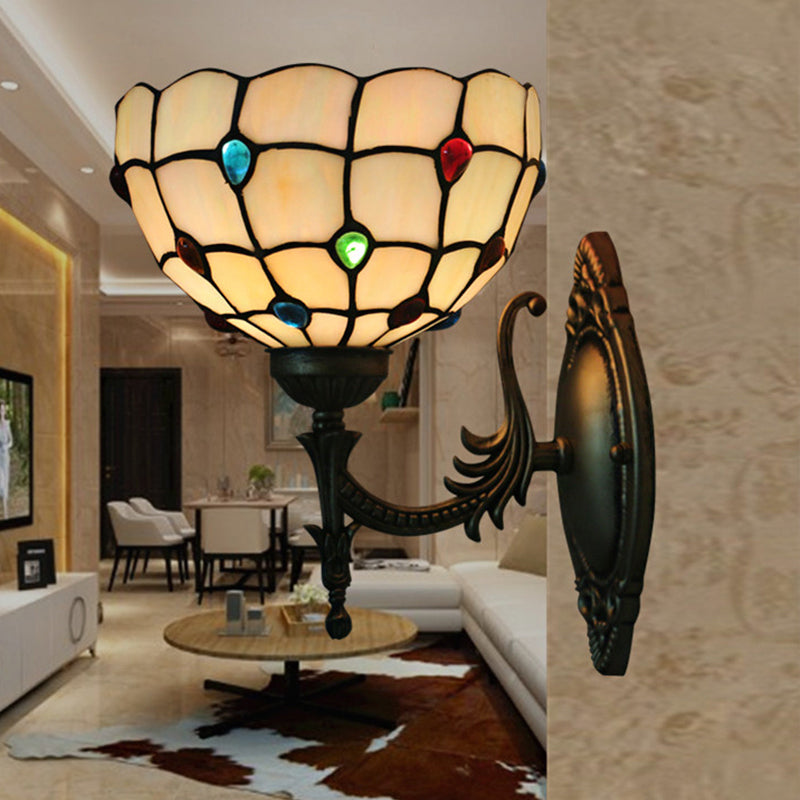 Flower/Bowl Wall Mount Light Fixture Tiffany Beige/Yellow Glass 1-Bulb Bronze Finish Wall Sconce Light Clearhalo 'Art deco wall lights' 'Cast Iron' 'Glass' 'Industrial' 'Middle century wall lights' 'Modern' 'Tiffany wall lights' 'Tiffany' 'Traditional wall lights' 'Wall Lamps & Sconces' 'Wall Lights' Lighting' 916660