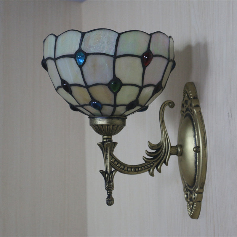 Flower/Bowl Wall Mount Light Fixture Tiffany Beige/Yellow Glass 1-Bulb Bronze Finish Wall Sconce Light Clearhalo 'Art deco wall lights' 'Cast Iron' 'Glass' 'Industrial' 'Middle century wall lights' 'Modern' 'Tiffany wall lights' 'Tiffany' 'Traditional wall lights' 'Wall Lamps & Sconces' 'Wall Lights' Lighting' 916661