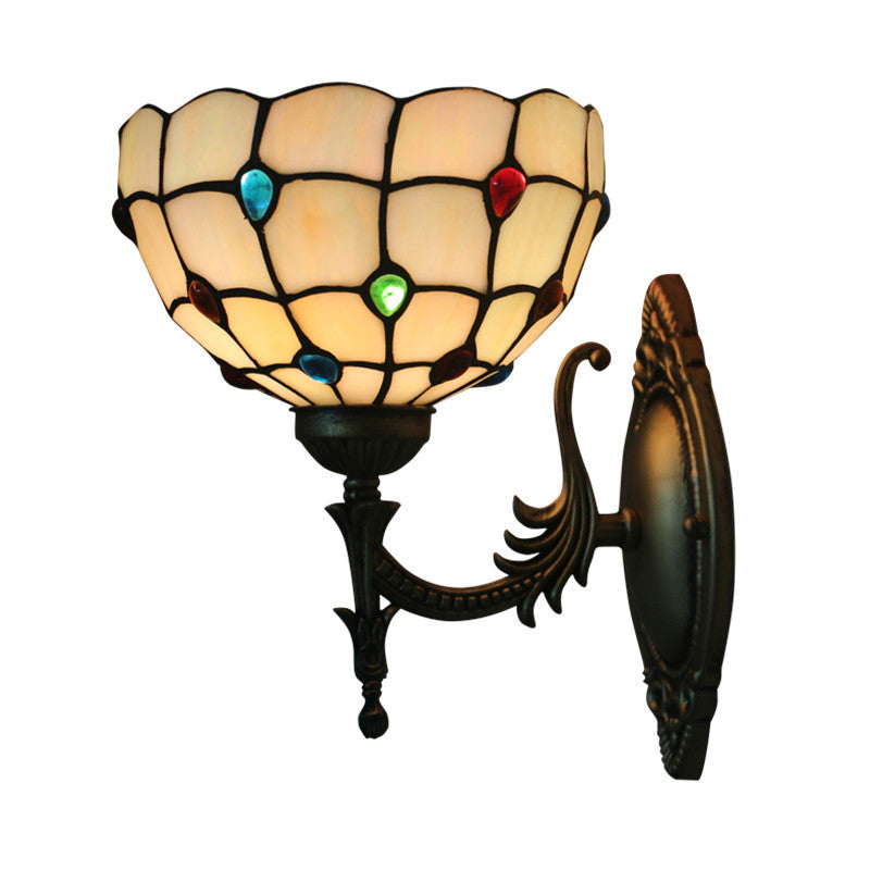 Flower/Bowl Wall Mount Light Fixture Tiffany Beige/Yellow Glass 1-Bulb Bronze Finish Wall Sconce Light Clearhalo 'Art deco wall lights' 'Cast Iron' 'Glass' 'Industrial' 'Middle century wall lights' 'Modern' 'Tiffany wall lights' 'Tiffany' 'Traditional wall lights' 'Wall Lamps & Sconces' 'Wall Lights' Lighting' 916662