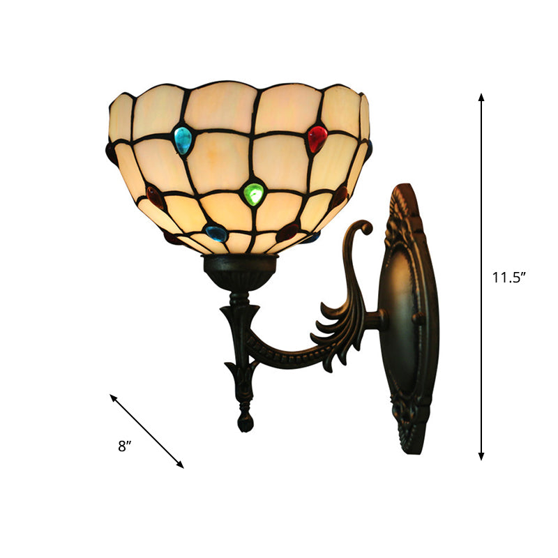 Flower/Bowl Wall Mount Light Fixture Tiffany Beige/Yellow Glass 1-Bulb Bronze Finish Wall Sconce Light Clearhalo 'Art deco wall lights' 'Cast Iron' 'Glass' 'Industrial' 'Middle century wall lights' 'Modern' 'Tiffany wall lights' 'Tiffany' 'Traditional wall lights' 'Wall Lamps & Sconces' 'Wall Lights' Lighting' 916663