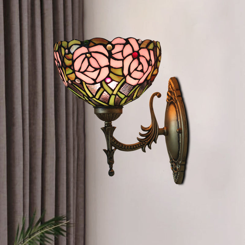 Pink Rose Wall Mount Lighting Tiffany 1 Bulb Stained Glass Sconce with Bronze Carved Arm Bronze B Clearhalo 'Art deco wall lights' 'Cast Iron' 'Glass' 'Industrial' 'Middle century wall lights' 'Modern' 'Tiffany wall lights' 'Tiffany' 'Traditional wall lights' 'Wall Lamps & Sconces' 'Wall Lights' Lighting' 916677